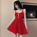 Elegant Mesh Red Strap A Line Ruffled Dress Korean Style Elegant Mesh Red Strap A Line Ruffled Dress Korean Style