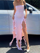 Elegant Strapless Ruffle Midi Dress For Beach Parties Elegant Strapless Ruffle Midi Dress For Beach Parties