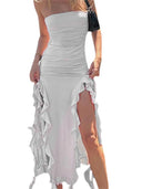Elegant Strapless Ruffle Midi Dress For Beach Parties Elegant Strapless Ruffle Midi Dress For Beach Parties