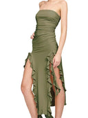 Elegant Strapless Ruffle Midi Dress For Beach Parties Elegant Strapless Ruffle Midi Dress For Beach Parties