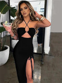 Fantoye Elegant Sleeveless Drawstring Dress High Split Partywear Fantoye Elegant Sleeveless Drawstring Dress High Split Partywear