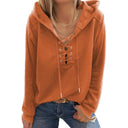Fashion V Neck Lace Up Drawstring Hooded Sweatshirt Women Fashion V Neck Lace Up Drawstring Hooded Sweatshirt Women