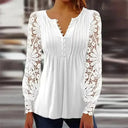 Lace Pleated V Neck Blouse Hollow Button Shirt For Women Lace Pleated V Neck Blouse Hollow Button Shirt For Women