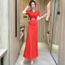 Red V-neck Evening Gown Elegant Two-Piece Dress Ideal for Events Red V-neck Evening Gown Elegant Two-Piece Dress Ideal for Events