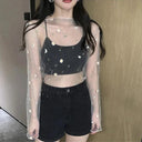 Sheer Black Lace Star Dots Mesh Tee: Chic Fashion Piece Sheer Black Lace Star Dots Mesh Tee: Chic Fashion Piece