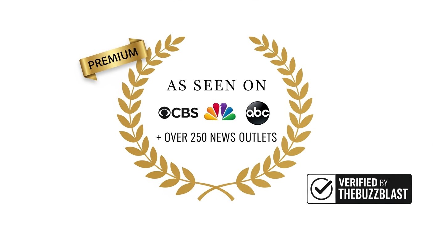 Gold laurel wreath, TV network logos, and BuzzBlast verification badge