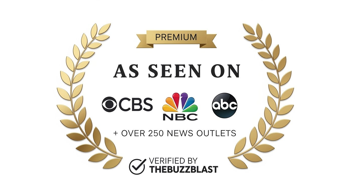 Logo indicating 'As Seen On' with CBS, NBC, and ABC logos and TheBuzzBlast