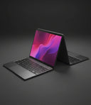 Two open laptops displaying colorful screens on a white background