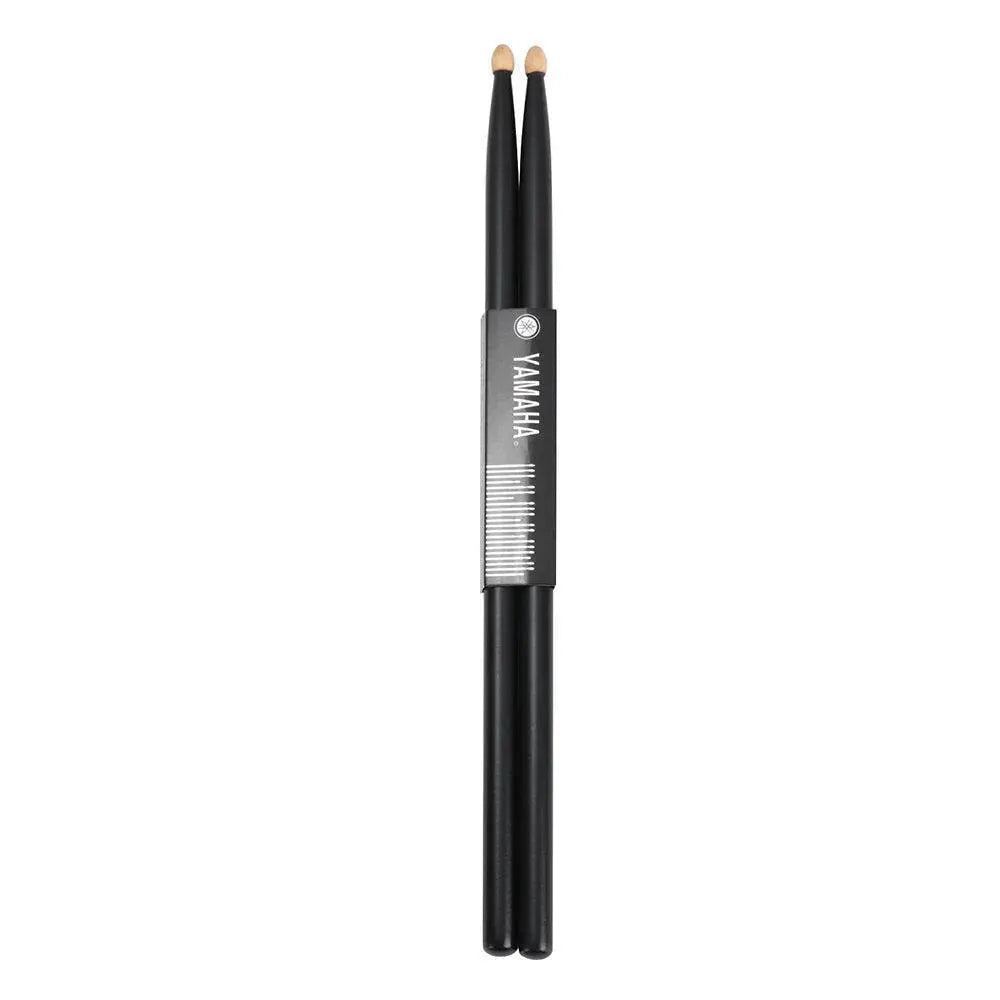 Pair of black 5A wood drum sticks with light wood tips, secured by a Yamaha label band