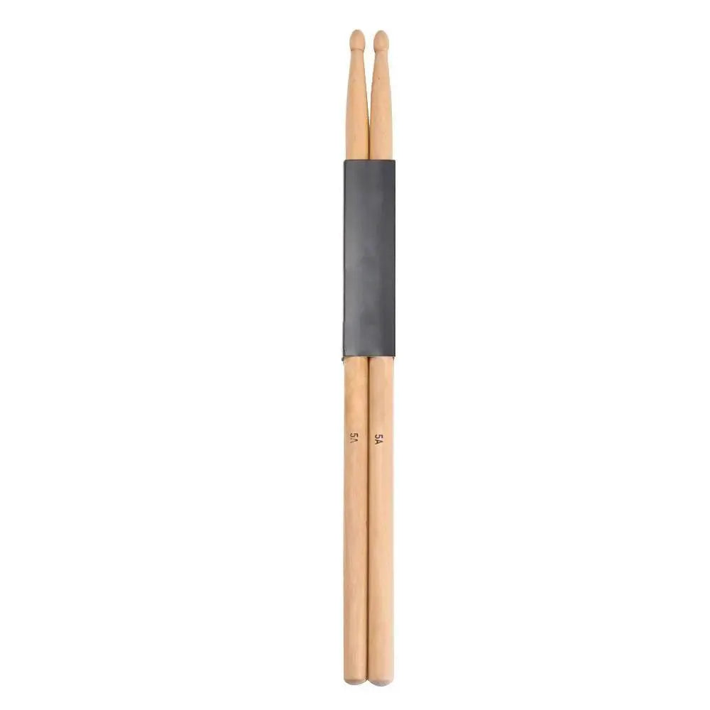 Pair of 5A wooden drumsticks with black carrying bag set on a white background