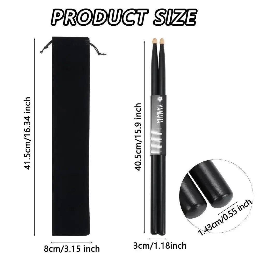 Black wooden 5A drumsticks pair with carrying bag, product size details shown.