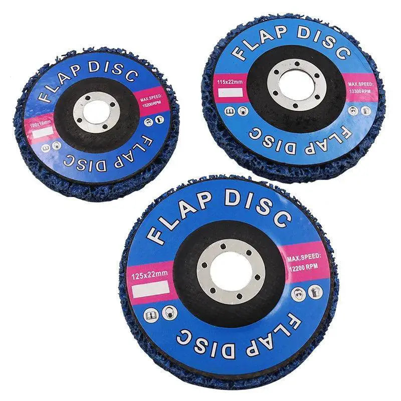 Set of blue diamond grinding wheel flap discs, abrasive tool accessories in three sizes.