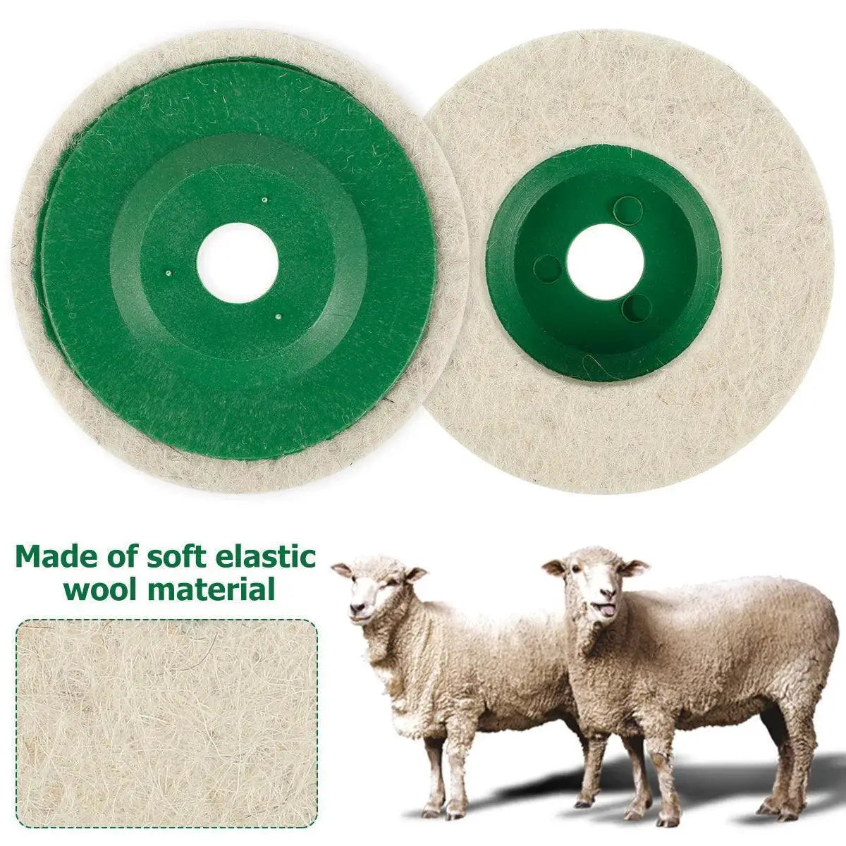 Wool polishing wheel buffing pads with green centers, close-up of wool texture, and two sheep.