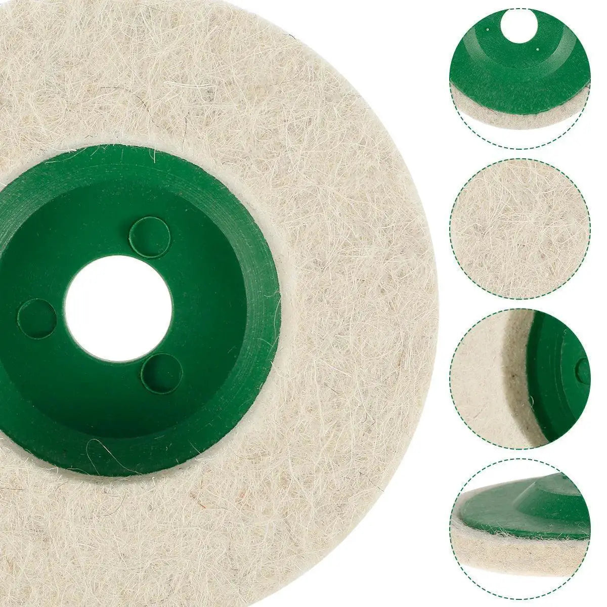 Wool polishing wheel buffing pad for angle grinder with green center, close-up detail views
