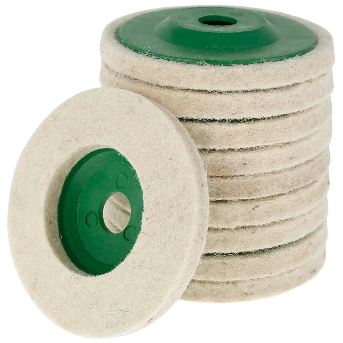 Stack of 10 wool polishing wheel buffing pads with green centers for angle grinders