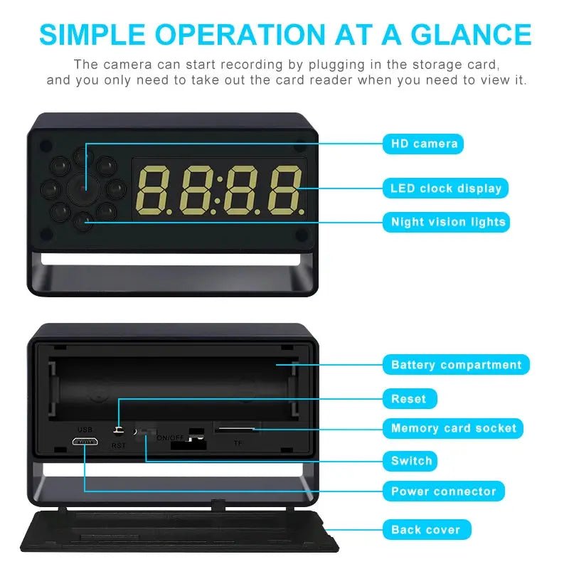 1080P WiFi Camera Digital Clock Mini Spy Cam Night Vision For Home Safety