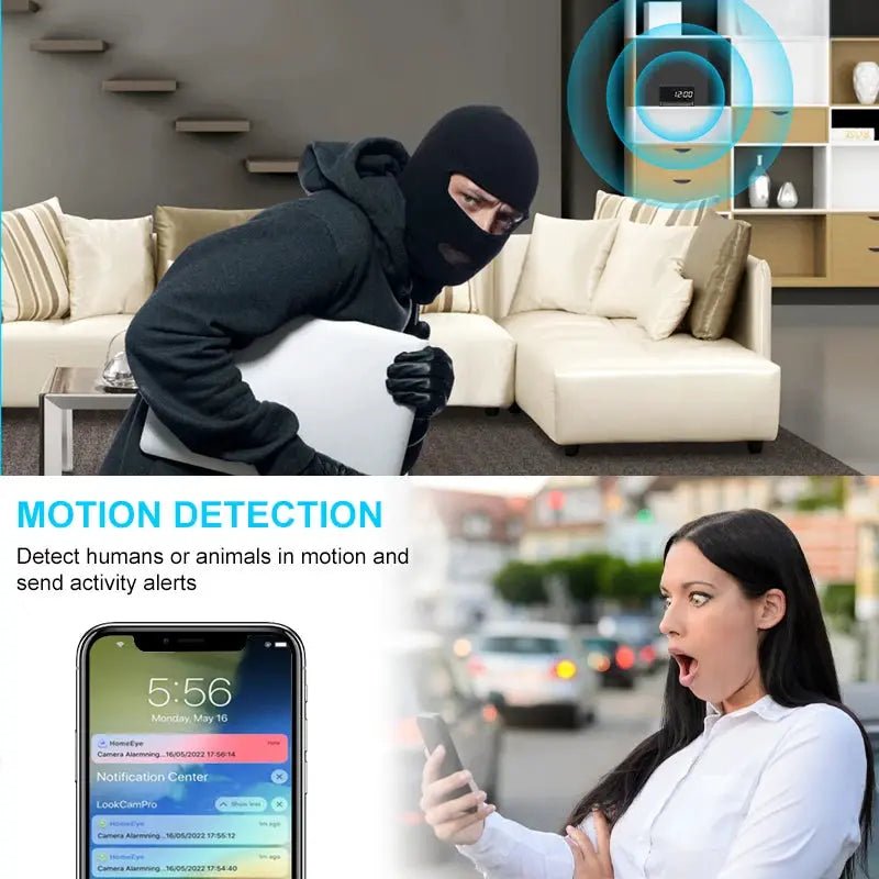 1080P WiFi Camera Digital Clock Mini Spy Cam Night Vision For Home Safety