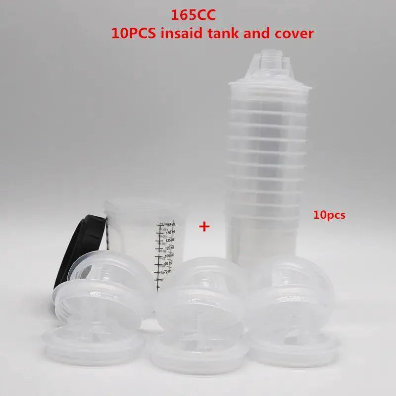 10-piece spray gun paint tank mixing cup set with lids, 165CC, on white background at OurLum.com