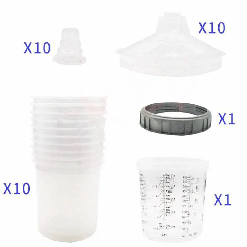 10-piece spray gun paint mixing cup set with lids, adapters, and measuring cup at OurLum.com
