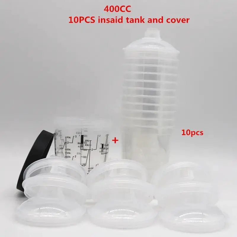 10-piece spray gun paint mixing cup set with lids, clear plastic, 400cc, shown on white background