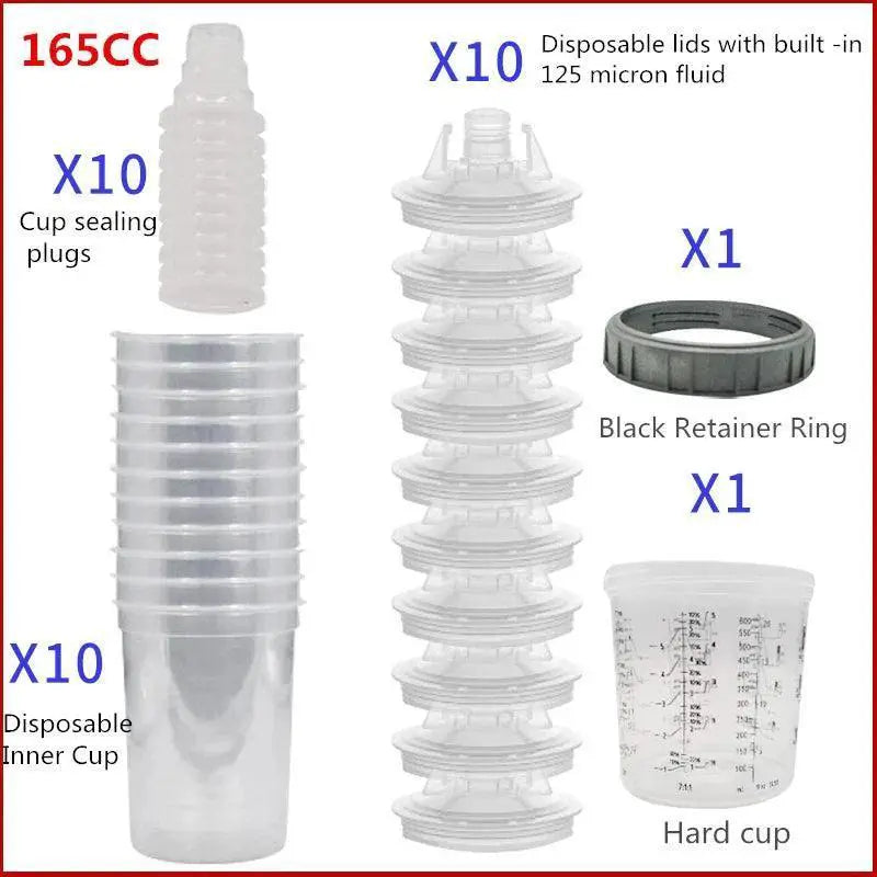 Spray gun paint mixing cup set with 10 disposable cups, lids, plugs, retainer ring, hard cup.
