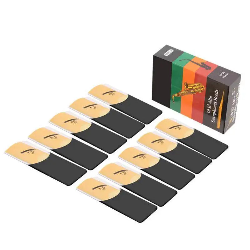 10-piece set of alto saxophone reeds with box on white background, OurLum.com music accessory