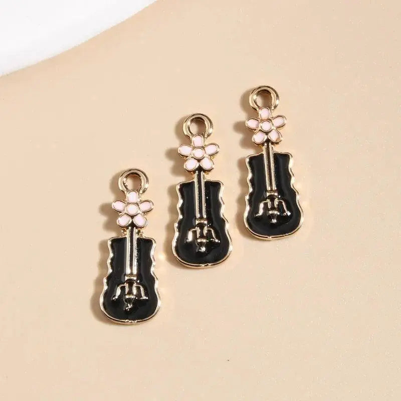 Black enamel guitar charms with pink flower tops for DIY jewelry, OurLum.com accessories.