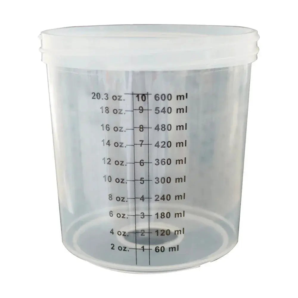 Clear disposable plastic paint mixing cup with measurement markings, OurLum.com product