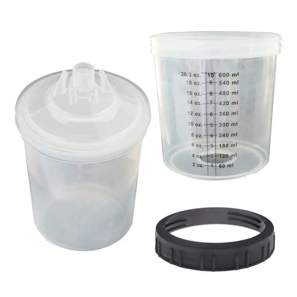 Clear disposable paint mixing cup with lid, measurements, and black ring from OurLum.com