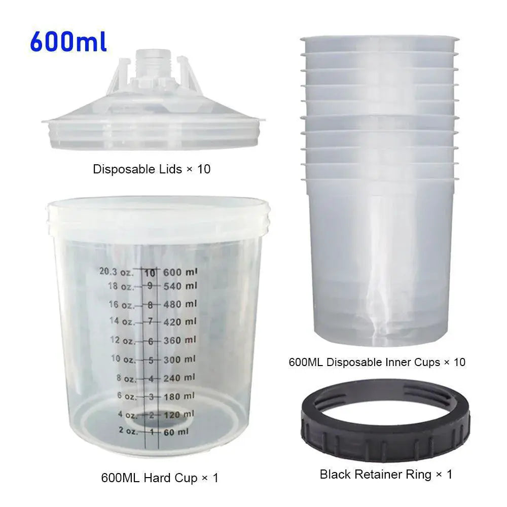 10-piece spray gun paint mixing cup kit with 600ml disposable cups, lids, hard cup, and black retainer ring from OurLum.com