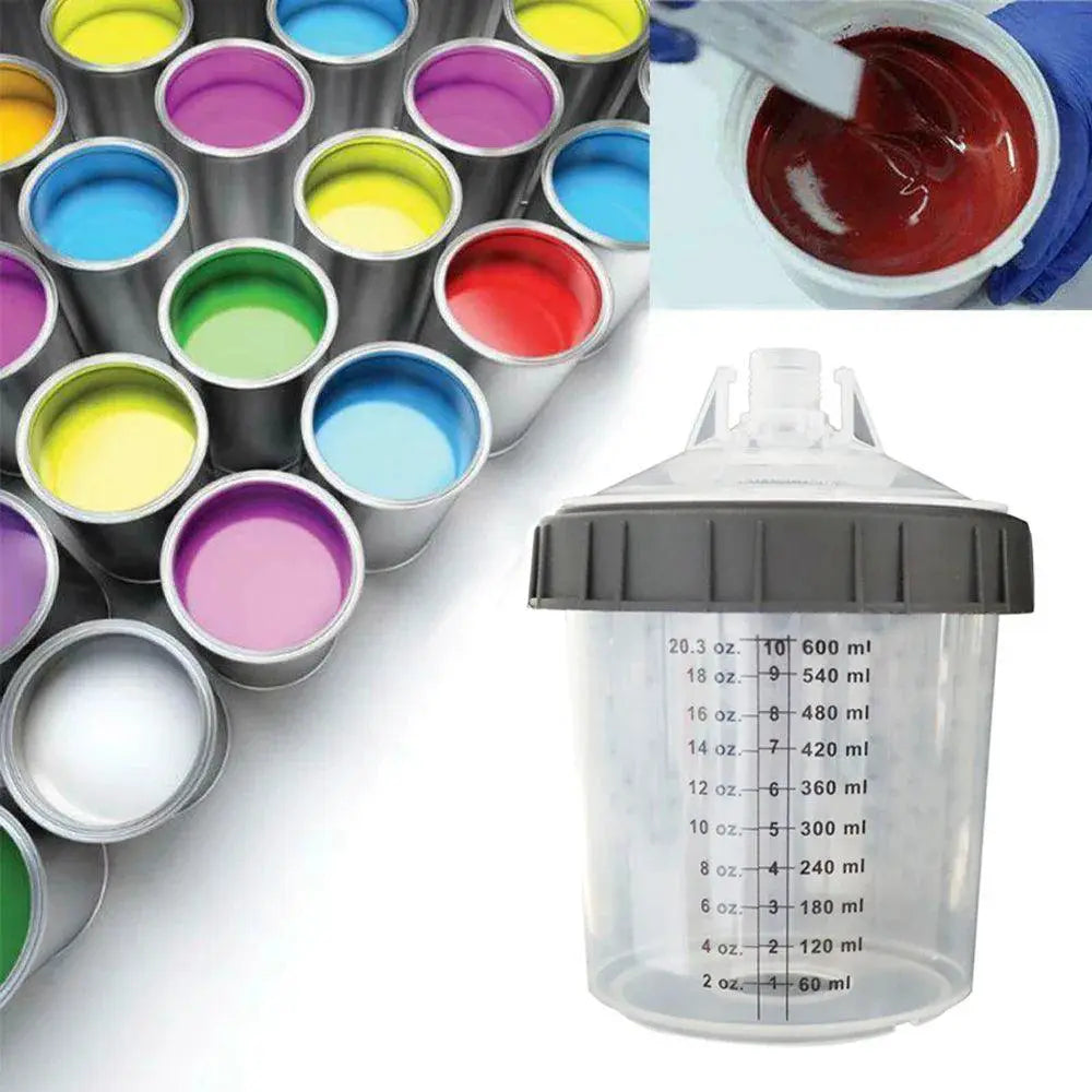 Disposable paint mixing cup set with measuring guide, colorful paints, and mixing process