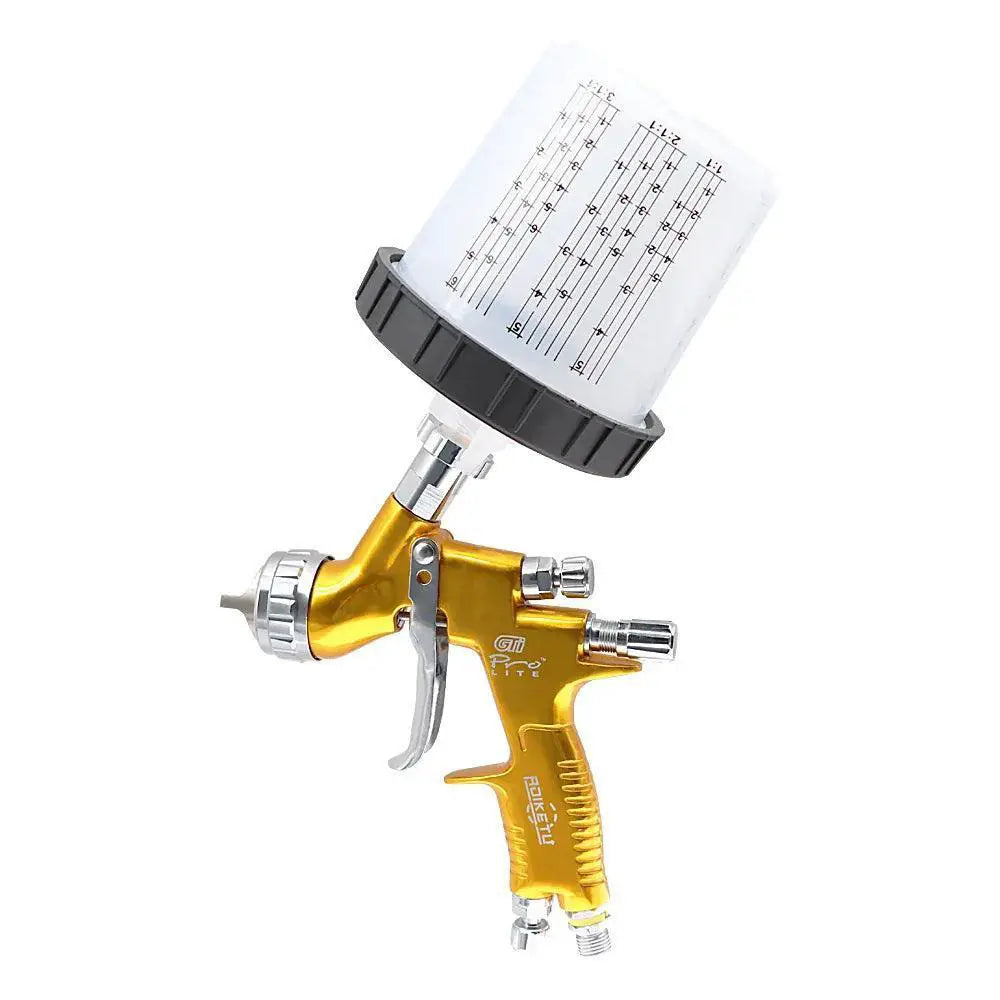 Gold spray gun with clear disposable paint mixing cup, shown on white background from OurLum.com