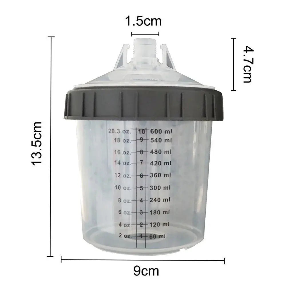 Disposable spray gun paint mixing cup with clear measurement markings and black lid, shown with dimensions.