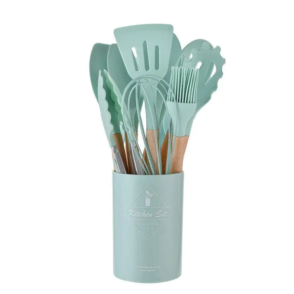 12 Piece Silicone Kitchen Utensils Set With Wooden Handles