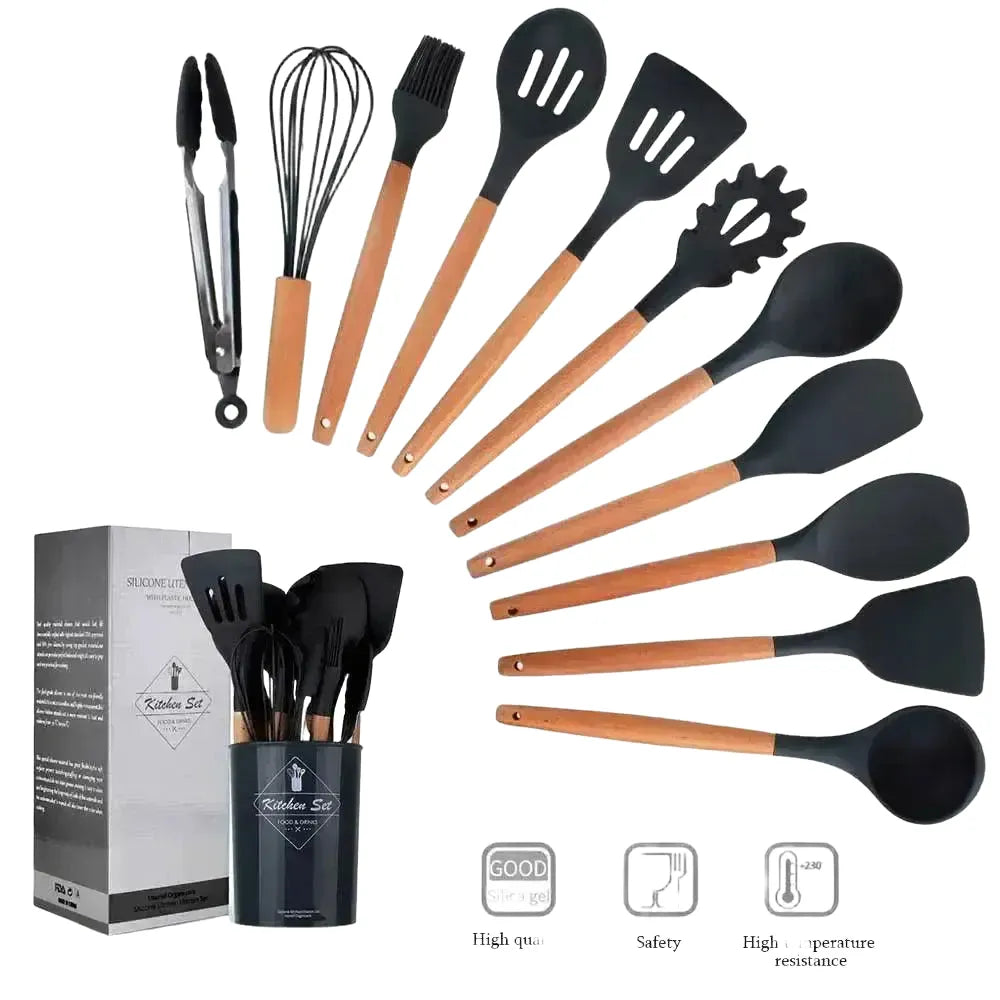 Non-Toxic Wood-Handled Kitchen Utensils — Mint 12Pcs