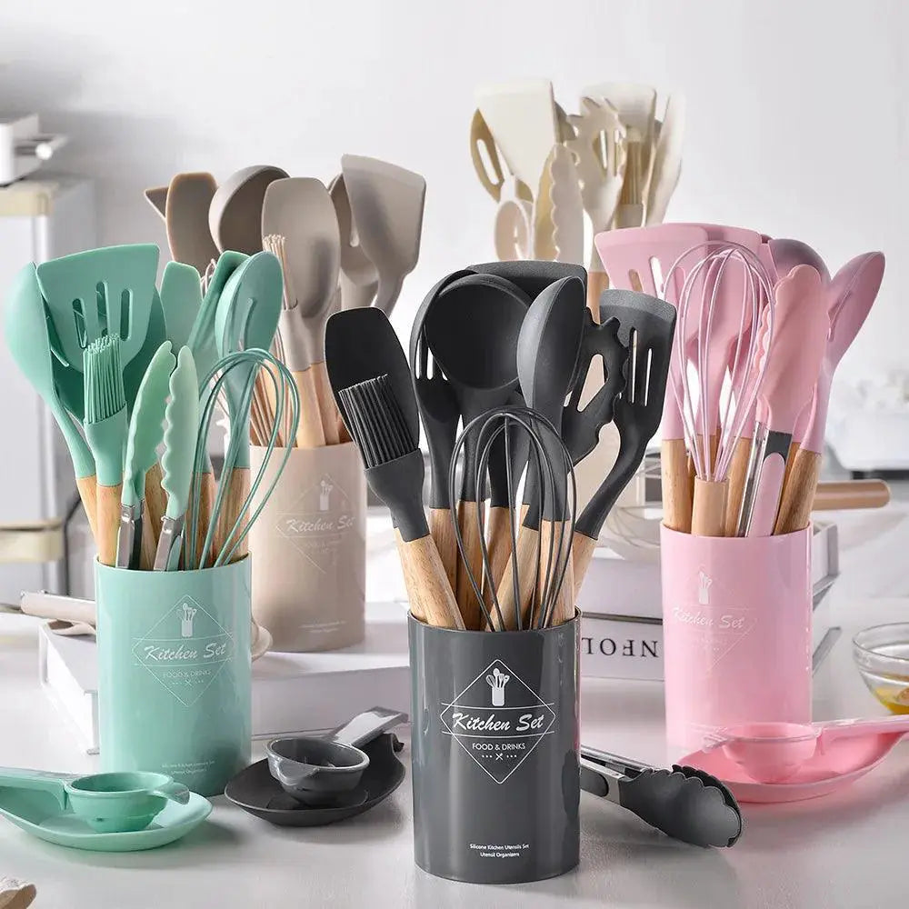 12 Piece Silicone Kitchen Utensils Set With Wooden Handles