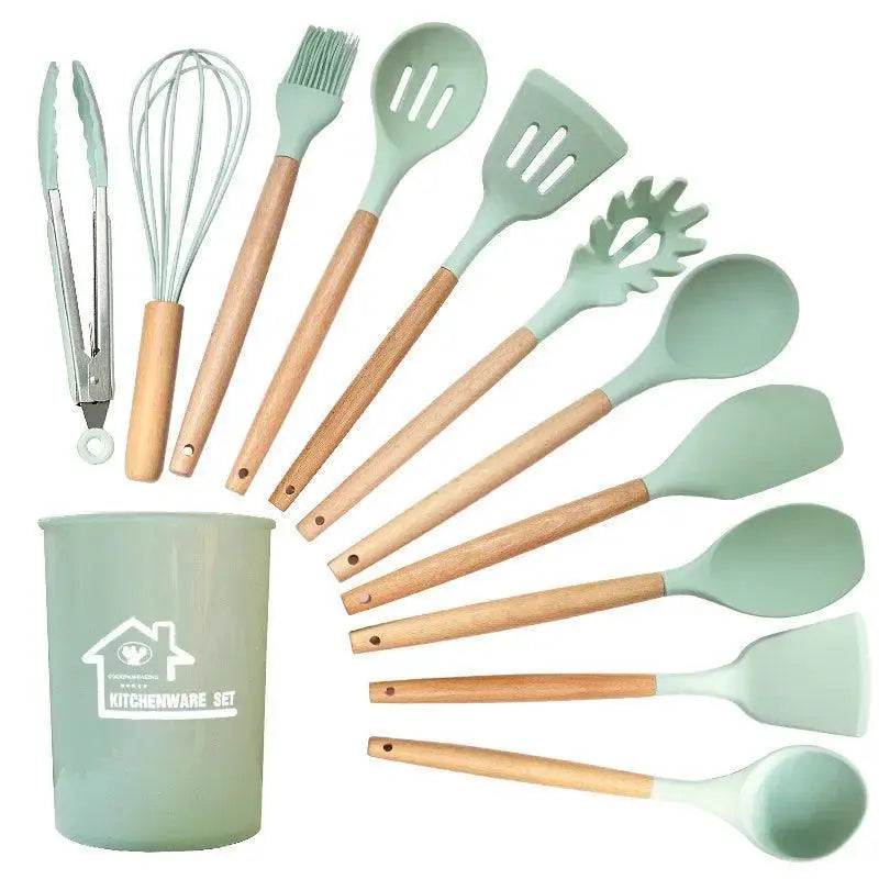 Non-Stick Silicone Utensil Set With Wooden Handles — product view 10