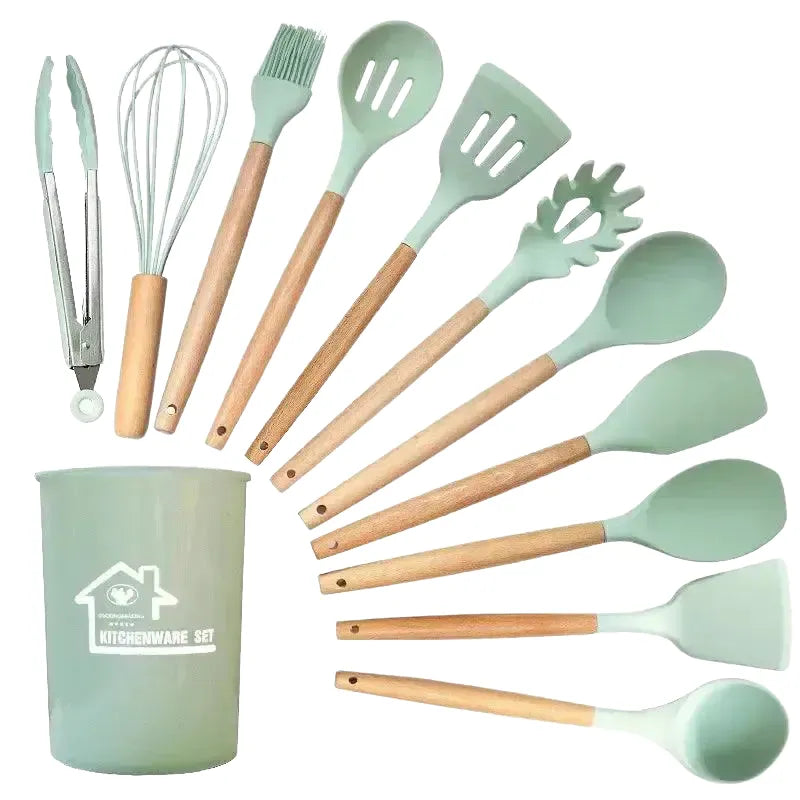 Non-Stick Silicone Utensil Set With Wooden Handles — product view 1