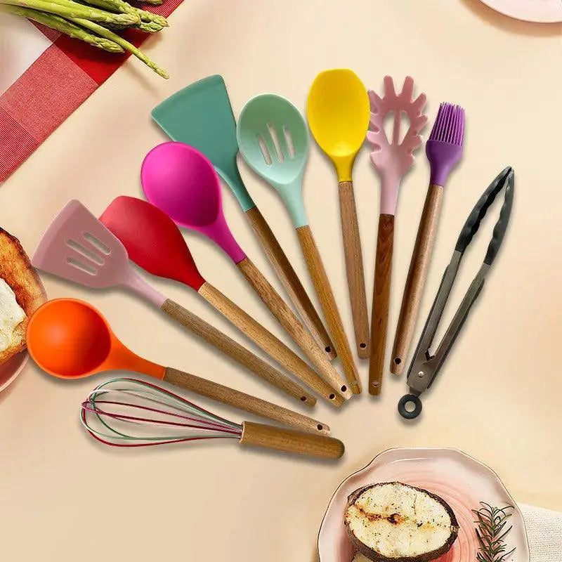 12 - Piece Non - Stick Silicone Utensil Set With Wooden Handles