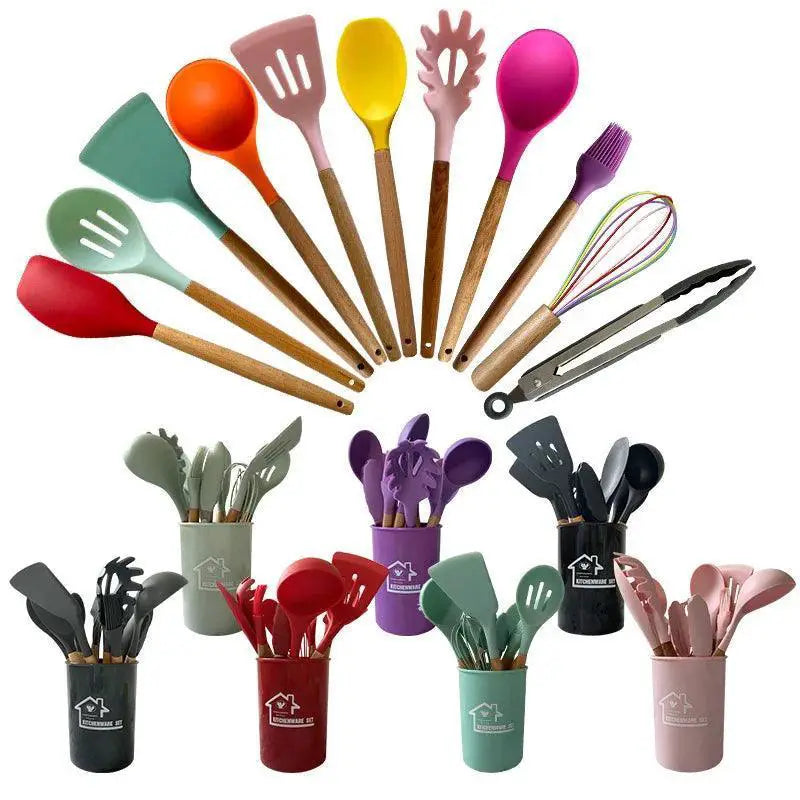 12 - Piece Non - Stick Silicone Utensil Set With Wooden Handles