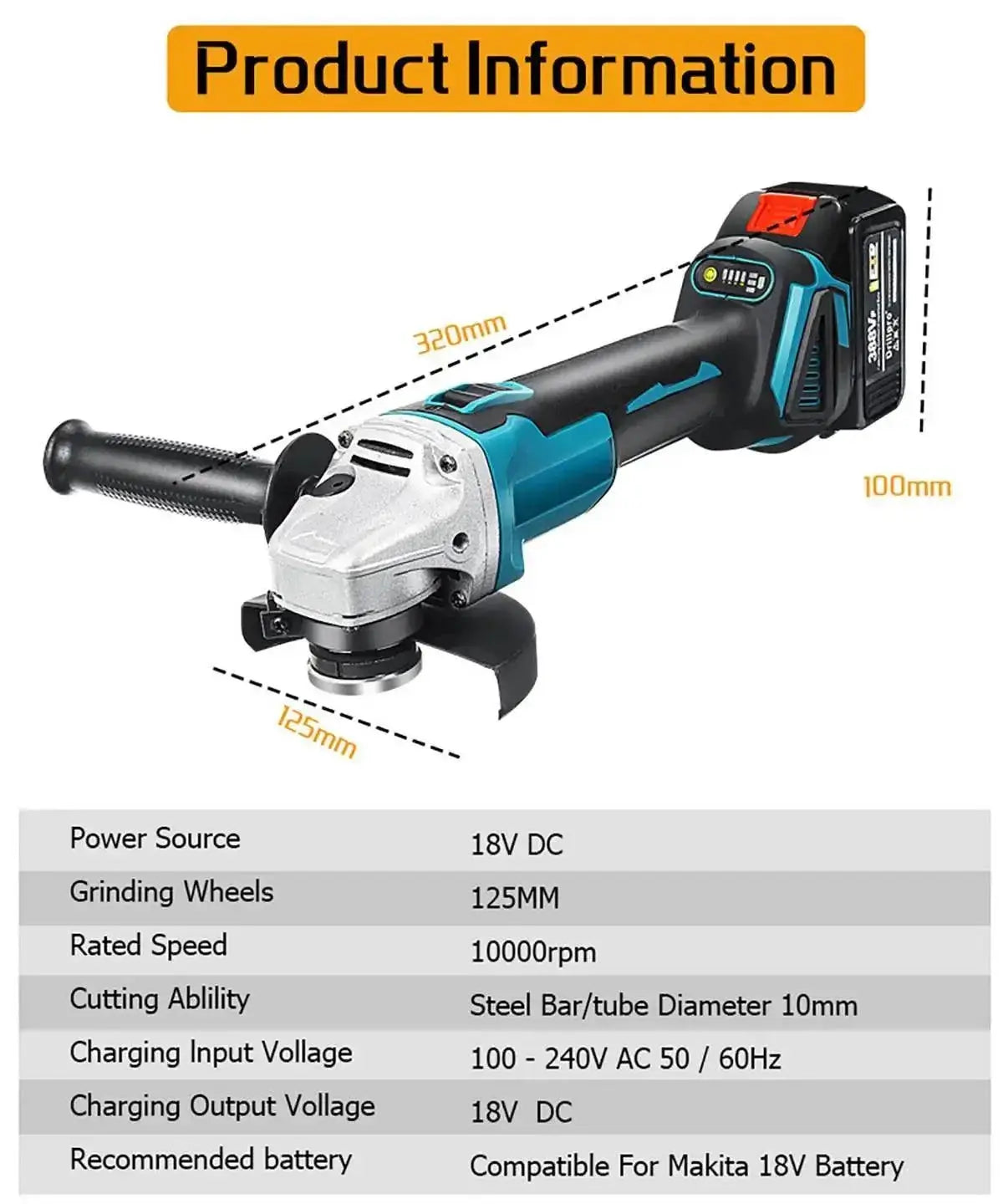 125mm Cordless Brushless Angle Grinder for Makita 18V