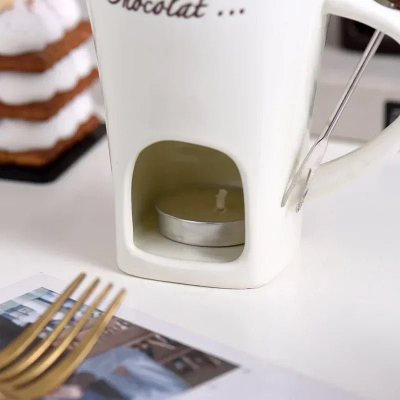130ml European Candle Cup Cheese Chocolate Melting Ceramic Mug With Fork For Dip