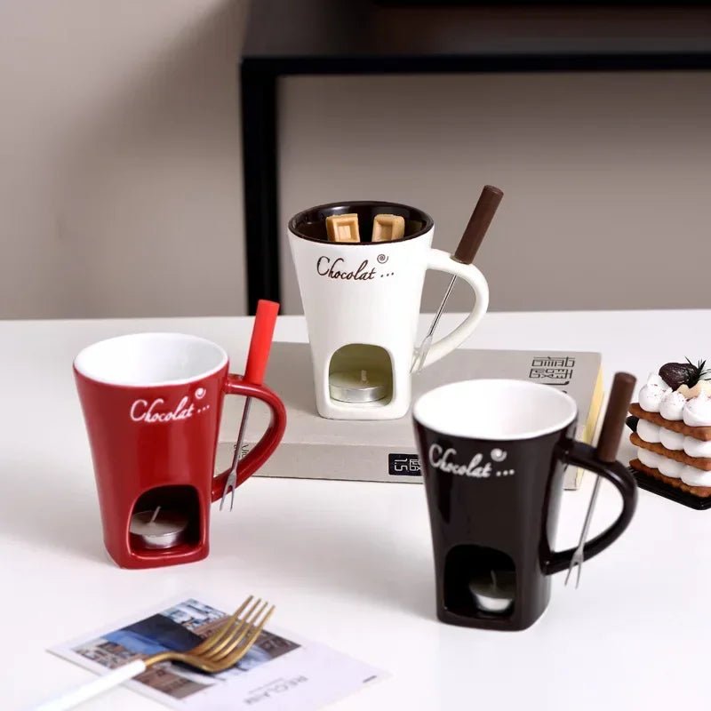 130ml European Candle Cup Cheese Chocolate Melting Ceramic Mug With Fork For Dip