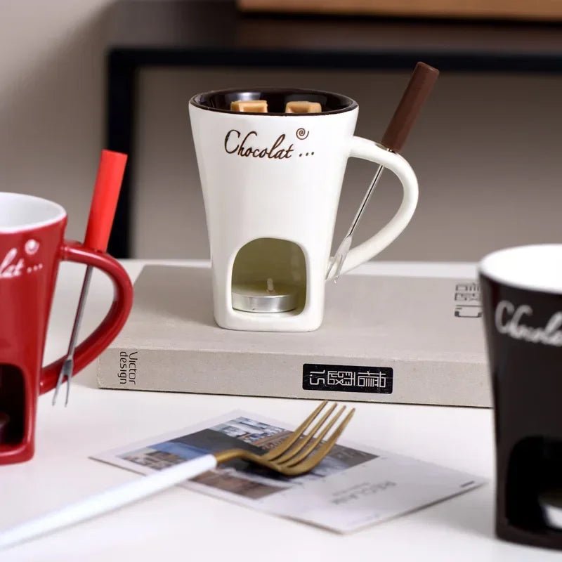 130ml European Candle Cup Cheese Chocolate Melting Ceramic Mug With Fork For Dip