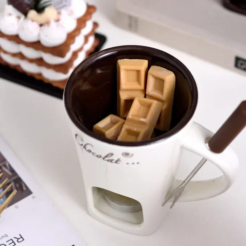 130ml European Candle Cup Cheese Chocolate Melting Ceramic Mug With Fork For Dip