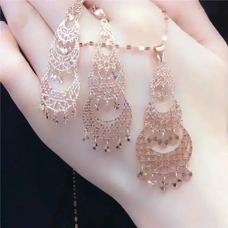 14K Rose Gold Fringe Drop Earrings Women Moroccan Jewelry