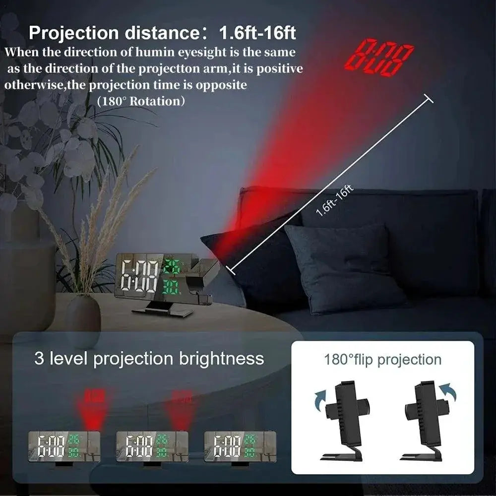 180 Degree Arm Projection LED Alarm Clock With Temp Humidity