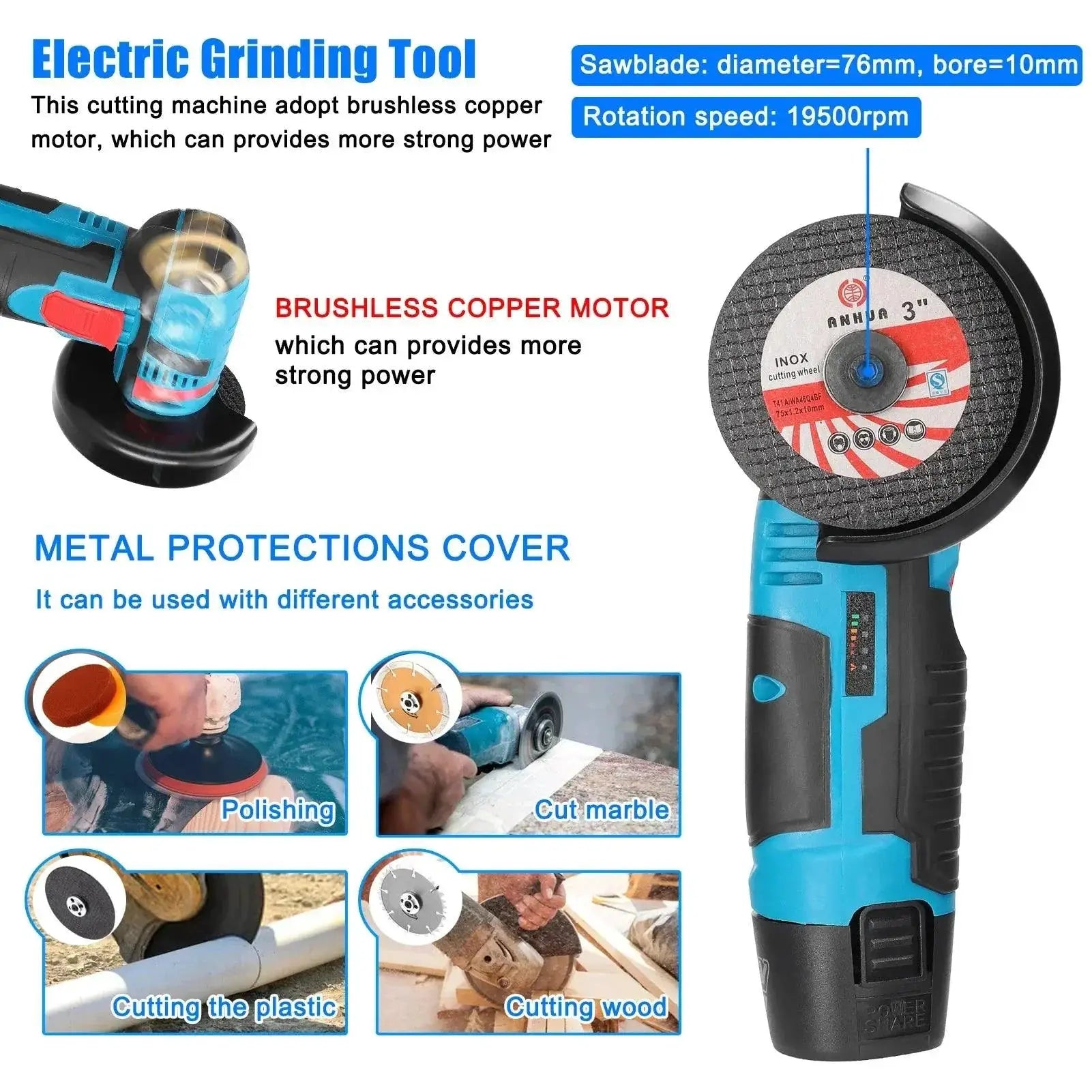 19500rpm 12V Brushless Cordless Angle Grinder Power Tool