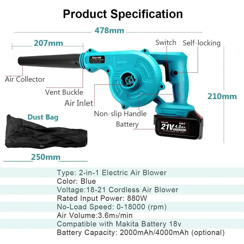 2 In 1 21V Cordless Electric Air Blower And Suction Cleaner