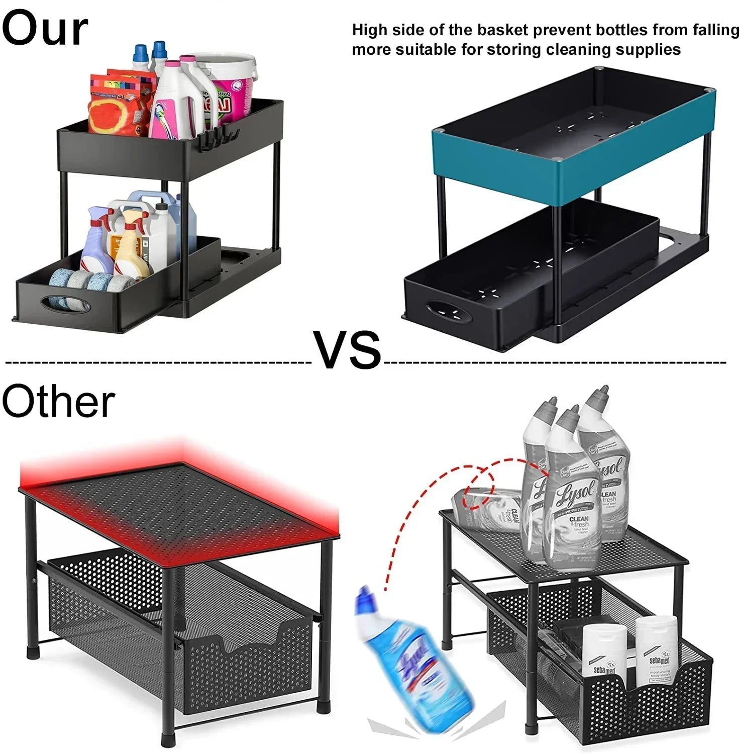 2 Tier Under Sink Organizer Sliding Cabinet Basket With Hooks